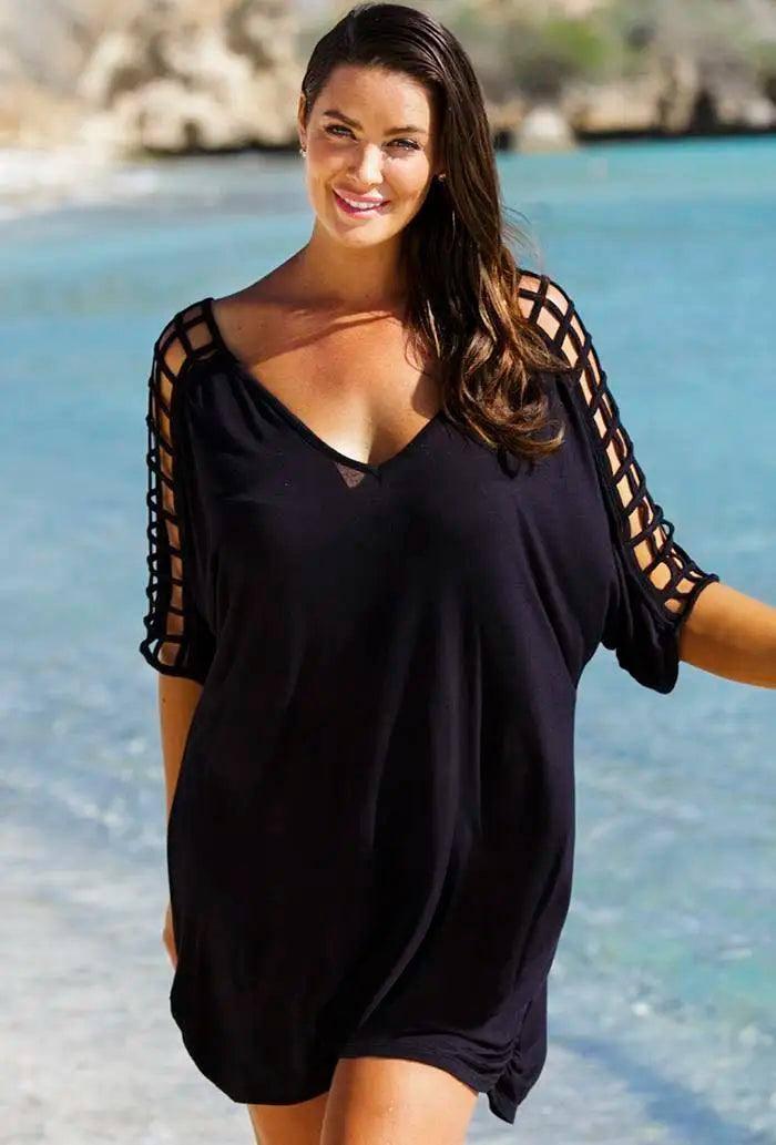 Chic Black Lattice Sleeve Beach Dress-black-5