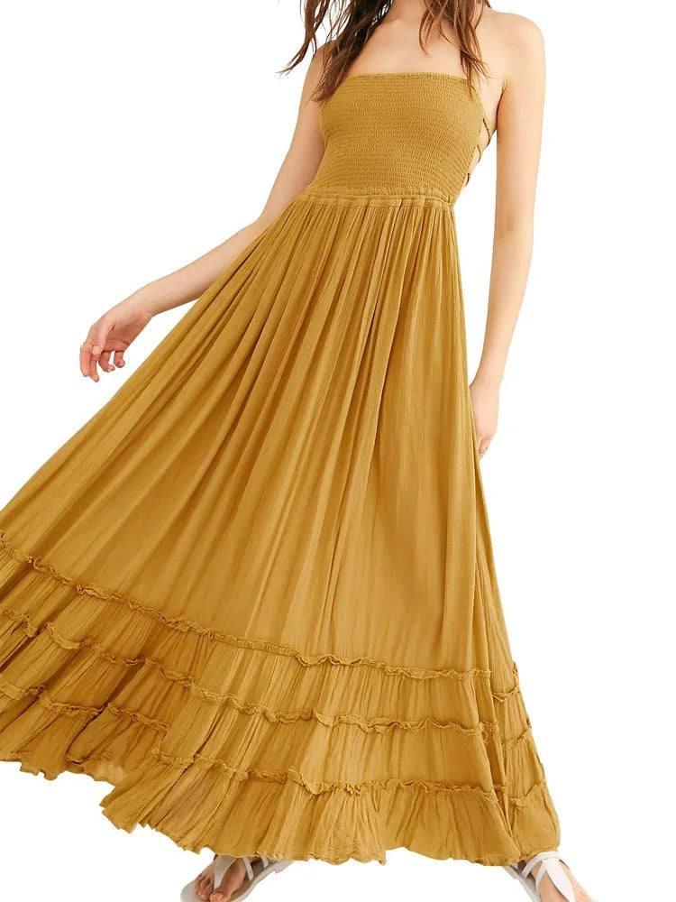 BellFlower Bohemian Ankle-Length Dress - A Summer Staple with Effortless Elegance!-Yellow-13