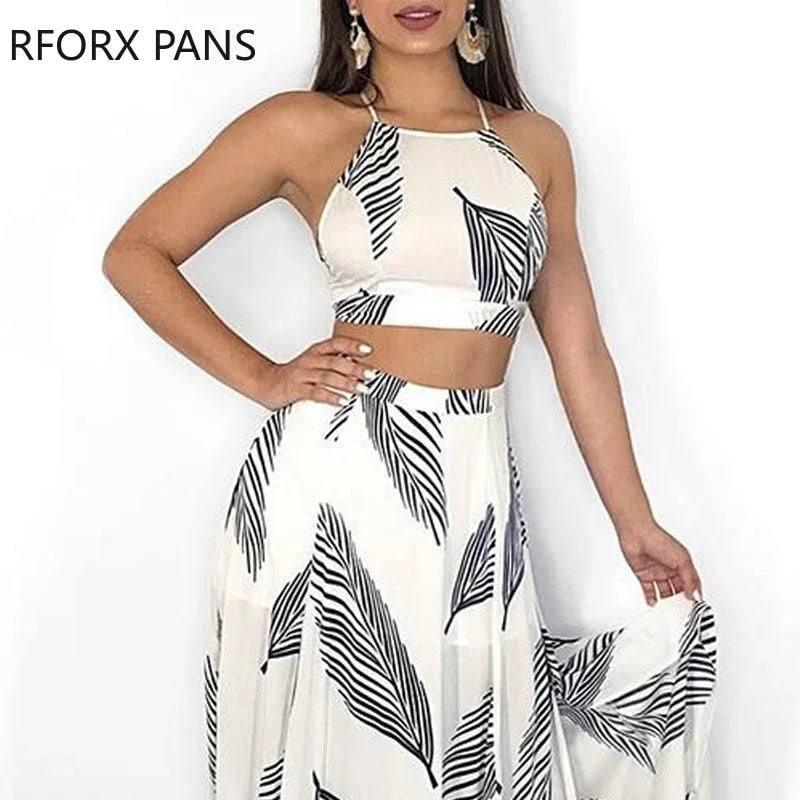 Women Leaf Print Backless Two Pieces Dress Cami Top & Split Maxi Set Dress-2