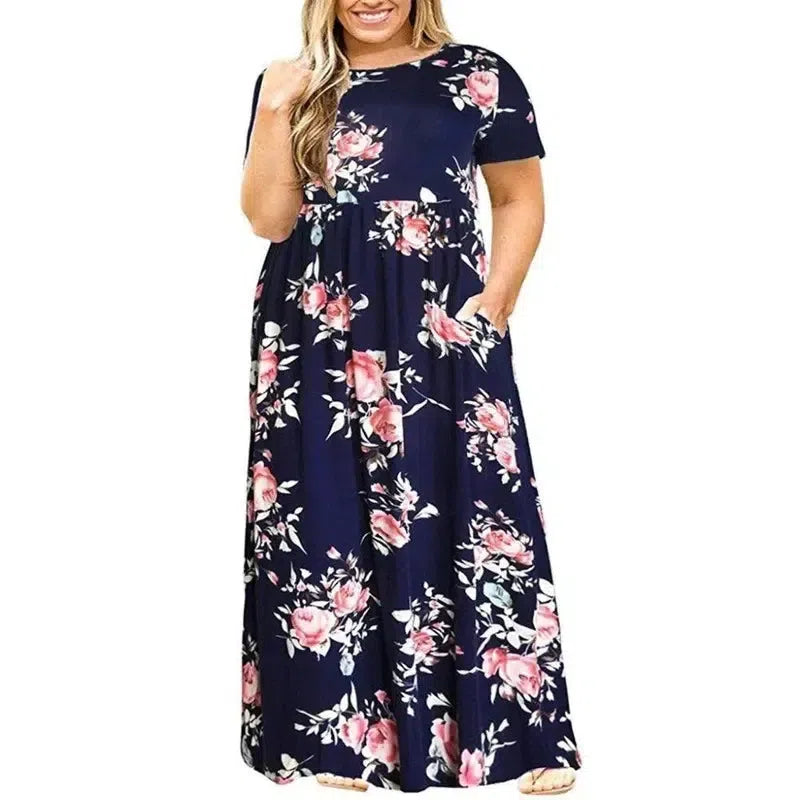 Big size Dress Women Summer Large Size Short Sleeve Print Wear-Resistant Long Dress Plus Size Fat MM Women Clothing Maxi Dress-Navy Blue-12