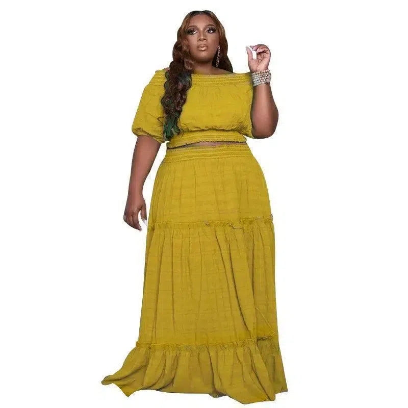 3xl 4xl Womans Plus Size Sets Dew Shoulder Short Sleeves Crop Top Two Piece Set Elegant Maxi Skirts Wholesale Dropshipping-Yellow-11