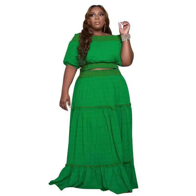 3xl 4xl Womans Plus Size Sets Dew Shoulder Short Sleeves Crop Top Two Piece Set Elegant Maxi Skirts Wholesale Dropshipping-green-9