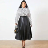 Chic Plus-Size Polka Dot Blouse and Leather Skirt-Black-7