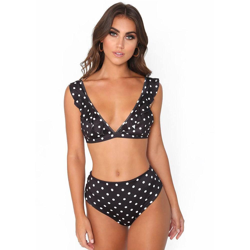 Chic Polka Dot High-Waisted Bikinis for Timeless Beach Style-Black-6