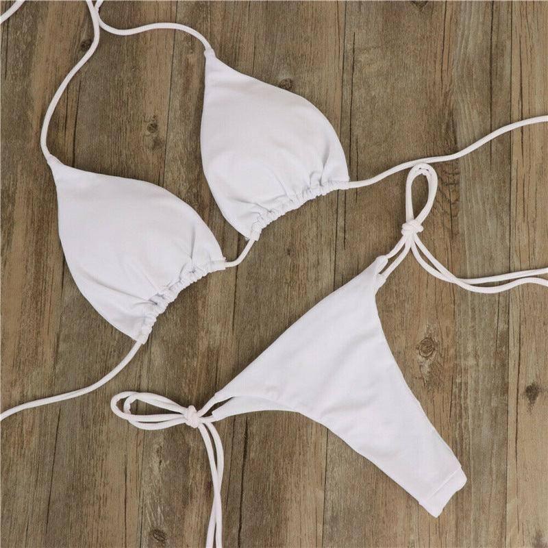 Halter Neck Tie-Up Swimwear Set-White-4