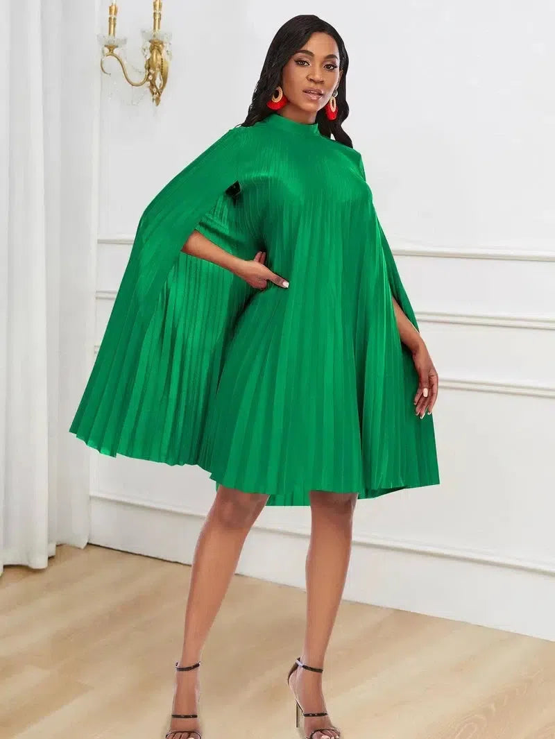 Plus Size Women Oversized Pleat Dress Mock Neck Cloak Sleeve Loose Short Dresses Curve Female Summer Birthday Party Club Wear-Green-6