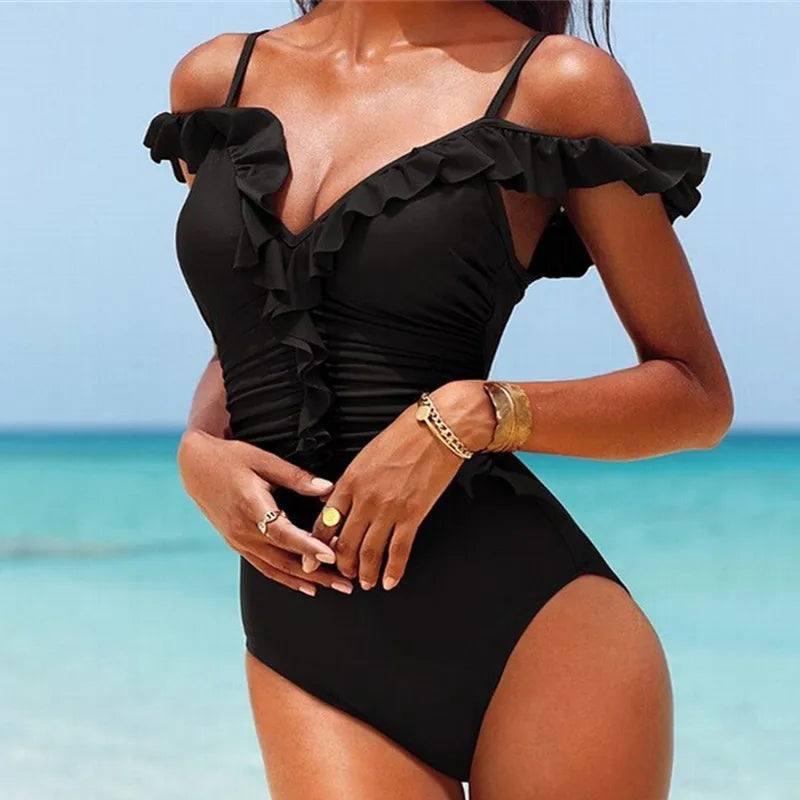 Chic Ruffle One-Piece Swimsuit: Summer Beachwear Essentials-black-3