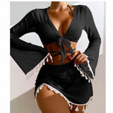 Chic Tassel Beachwear Sets: Trendy Tie-Front Cover-Ups Bikinis LOVEMI  Black S 