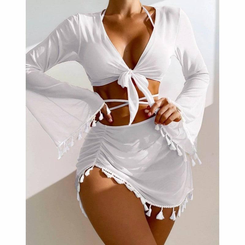 Chic Tassel Beachwear Sets: Trendy Tie-Front Cover-Ups-White-3