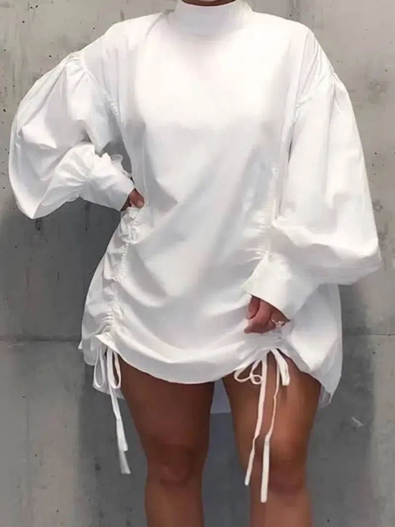 LW Plus Size dresses Casual mini dress Fold Design Shirt Dress Lantern Sleeve Loose Straight Drawstring dress Women matching-White-5