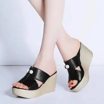 Summer Genuine Leather Platform Wedges-black-2