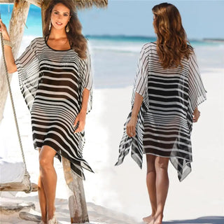 LOVEMI - Chiffon Black And White Striped Loose Beach Skirt Bikini
