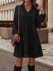 Chiffon Long Sleeve V-neck A- Line Original Dress-Black-3