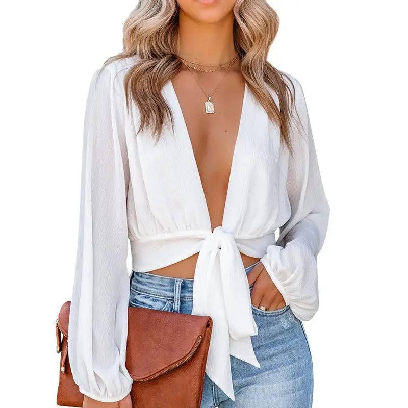 Chiffon Shirt V Neck Tie Bow Crop Top Women's-White-7