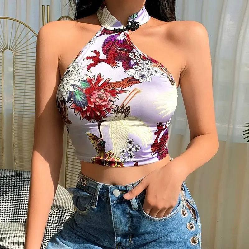 Chinoiserie Printed Halter Neck Buttoned Navel Crop Top-6