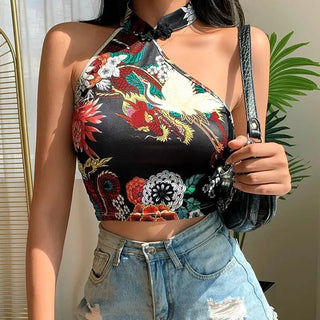 Chinoiserie Printed Halter Neck Buttoned Sexy Navel Crop Top Ctop