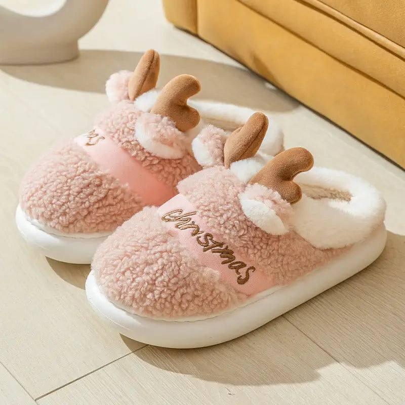 Christmas Shoes Winter Home Slippers Elk Soft Cozy Bedroom-Pink-10