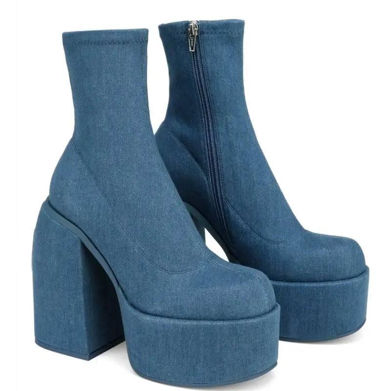 Chic Denim Platform Boots for Women-Denim blue-1