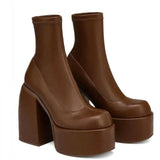 Chic Denim Platform Boots for Women-Brown-5