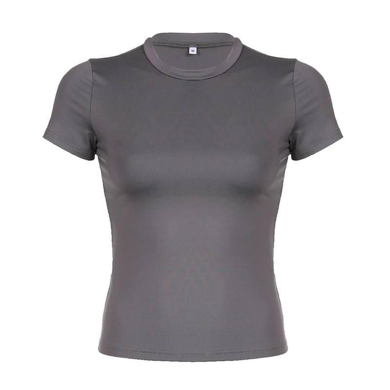 CIBBAR Basic Solid Crop Top Short Sleeve Crewneck Skinny-GRAY-6