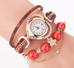 Circle Ladies Pearl Bracelet Watch Fashion Love Diamond-Red-4