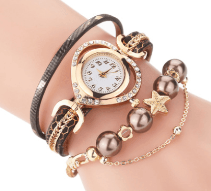 Circle Ladies Pearl Bracelet Watch Fashion Love Diamond-Brown-5