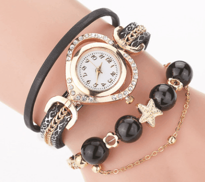 Circle Ladies Pearl Bracelet Watch Fashion Love Diamond-Black-6
