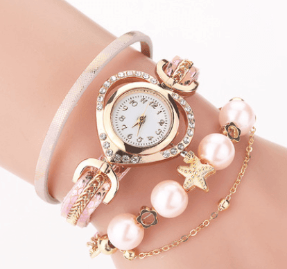 Circle Ladies Pearl Bracelet Watch Fashion Love Diamond-Pink-8