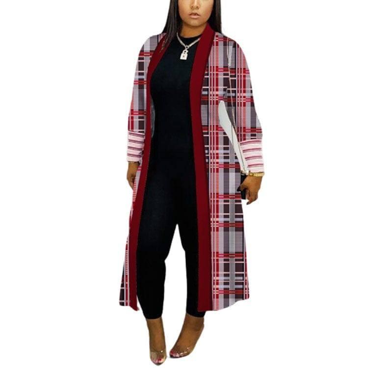Coat Long Sleeve Stitching Loose Commuter Trench Coat-Red Printed-4