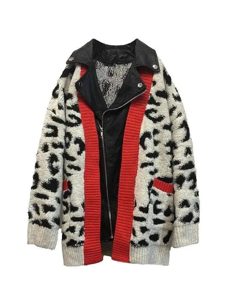 LOVEMI - PU leather lapel leopard sweater coat