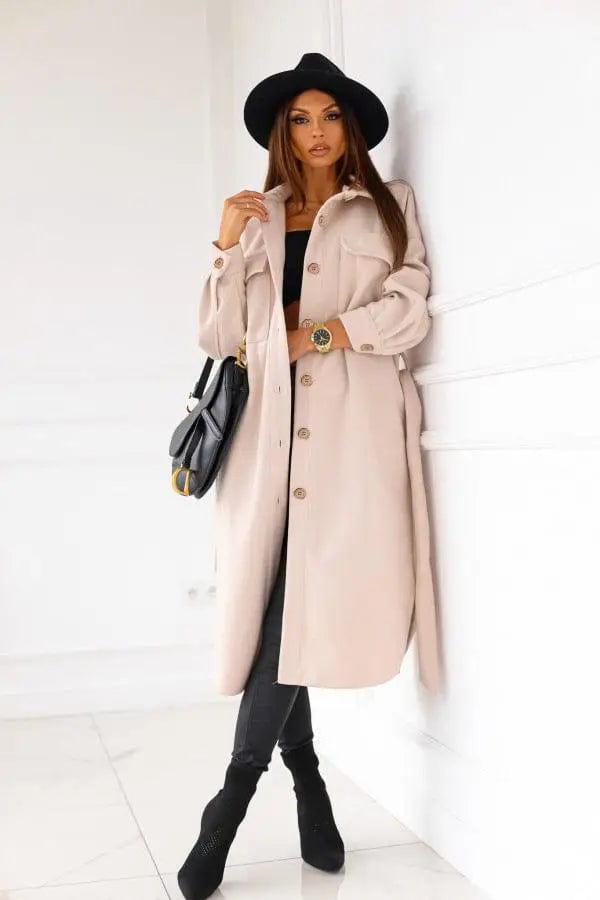 LOVEMI  Coats Apricot / S Lovemi -  Long-sleeved V-neck Button Lace Woolen Coat Coat Women's