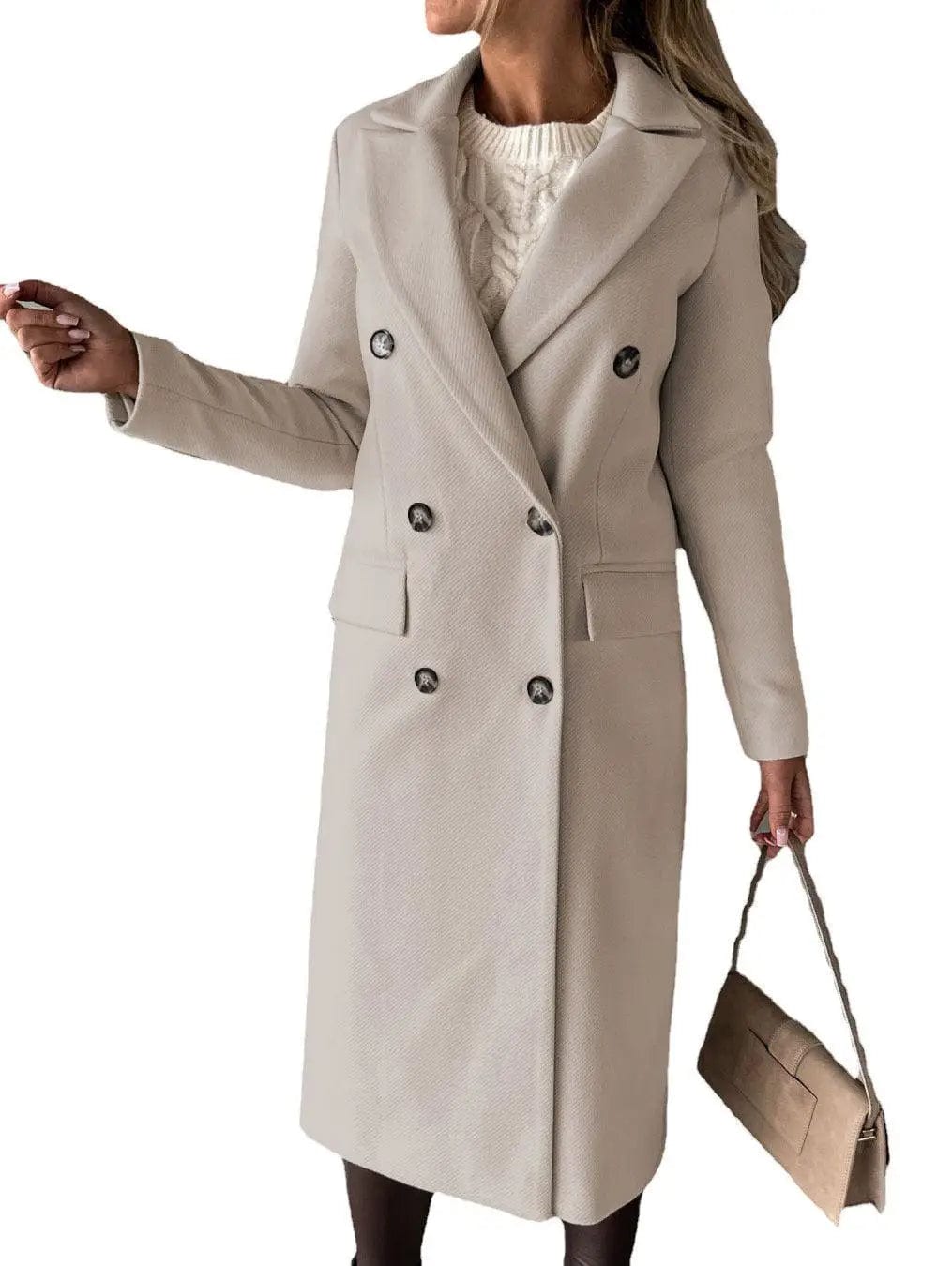 LOVEMI  Coats Beige / S Lovemi -  Long Sleeve Lapel Solid Double Breasted Slim Coat Coat