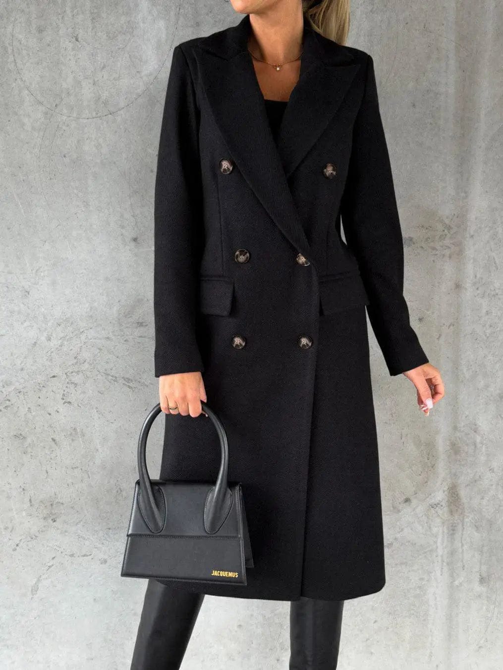 LOVEMI  Coats Black / S Lovemi -  Long Sleeve Lapel Solid Double Breasted Slim Coat Coat