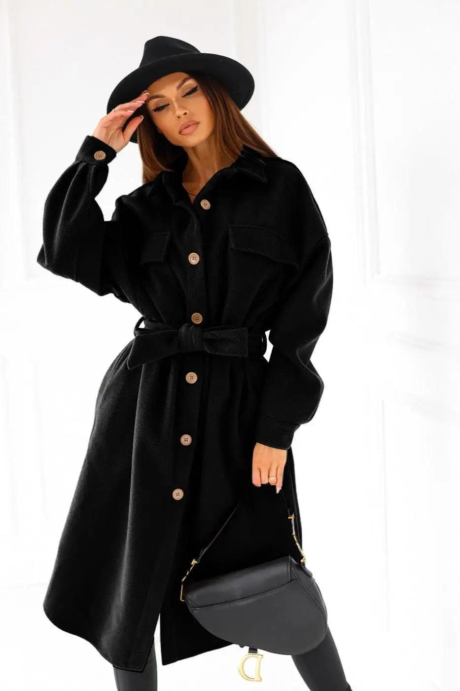 LOVEMI  Coats Black / S Lovemi -  Long-sleeved V-neck Button Lace Woolen Coat Coat Women's