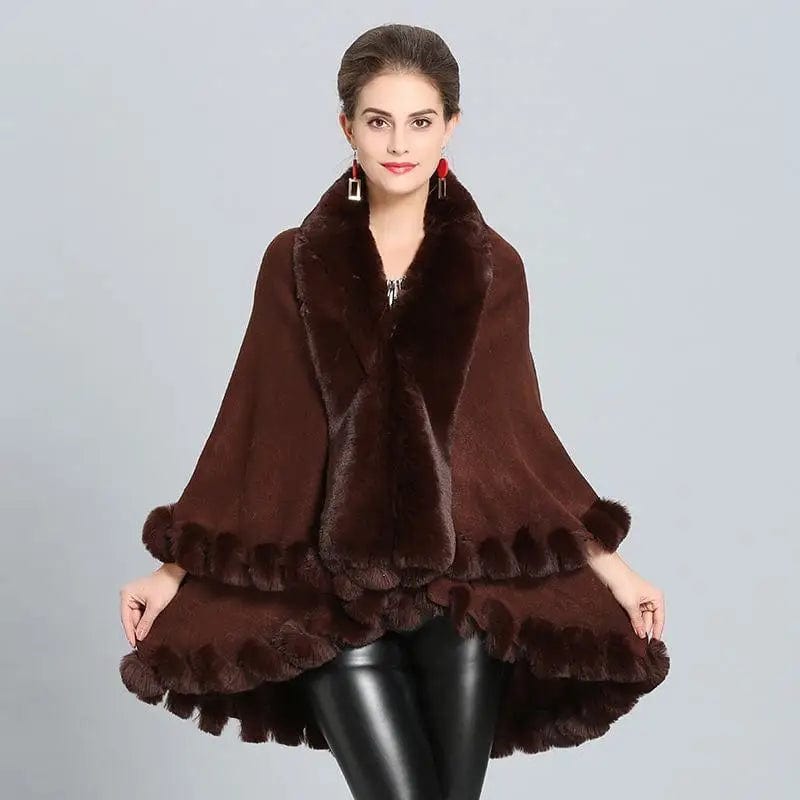 LOVEMI Coats Coffee / 60to80cm Lovemi -  Loose Fox Fur Collar Double-layer Knitted Shawl Cloak Coat