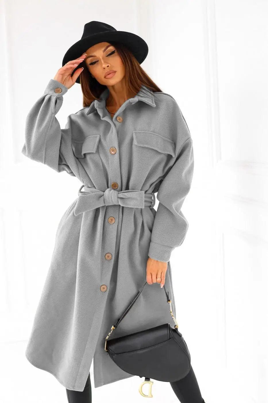 LOVEMI  Coats Grey / S Lovemi -  Long-sleeved V-neck Button Lace Woolen Coat Coat Women's