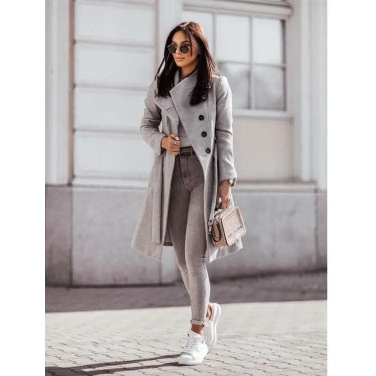 LOVEMI  Coats Grey / XL Lovemi -  Solid Color Lace-Up Woolen Women Mid-Length Coat