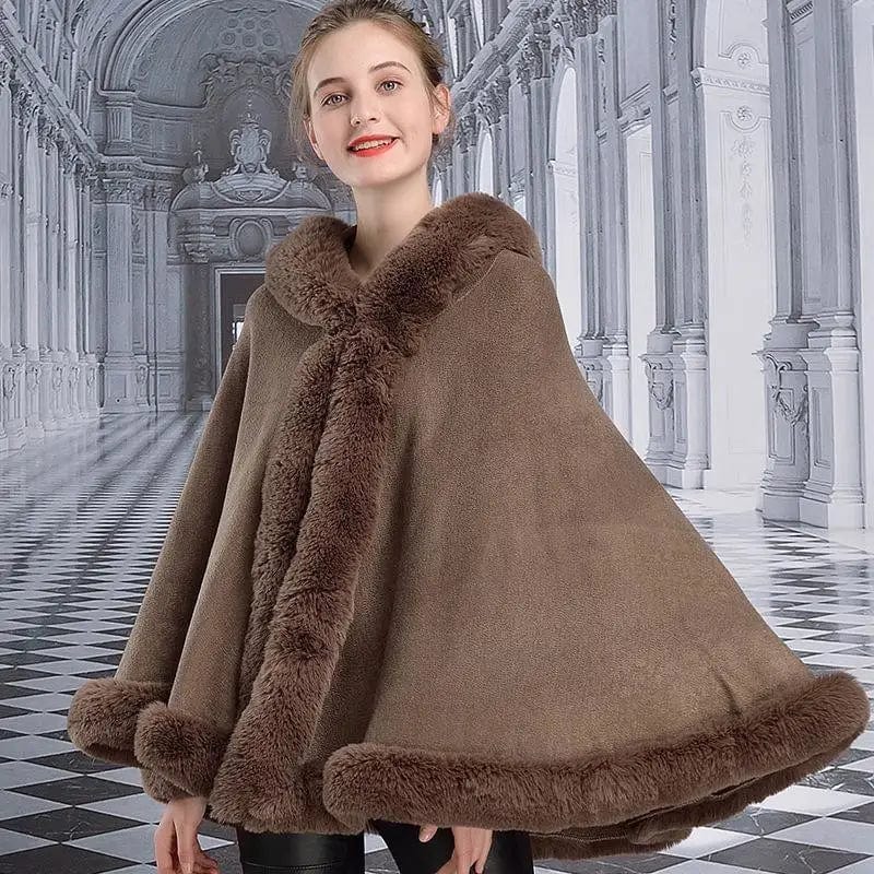 LOVEMI Coats Khaki / One size Lovemi -  Hooded Cloak Imitation Rex Rabbit Fur Fashion Shawl