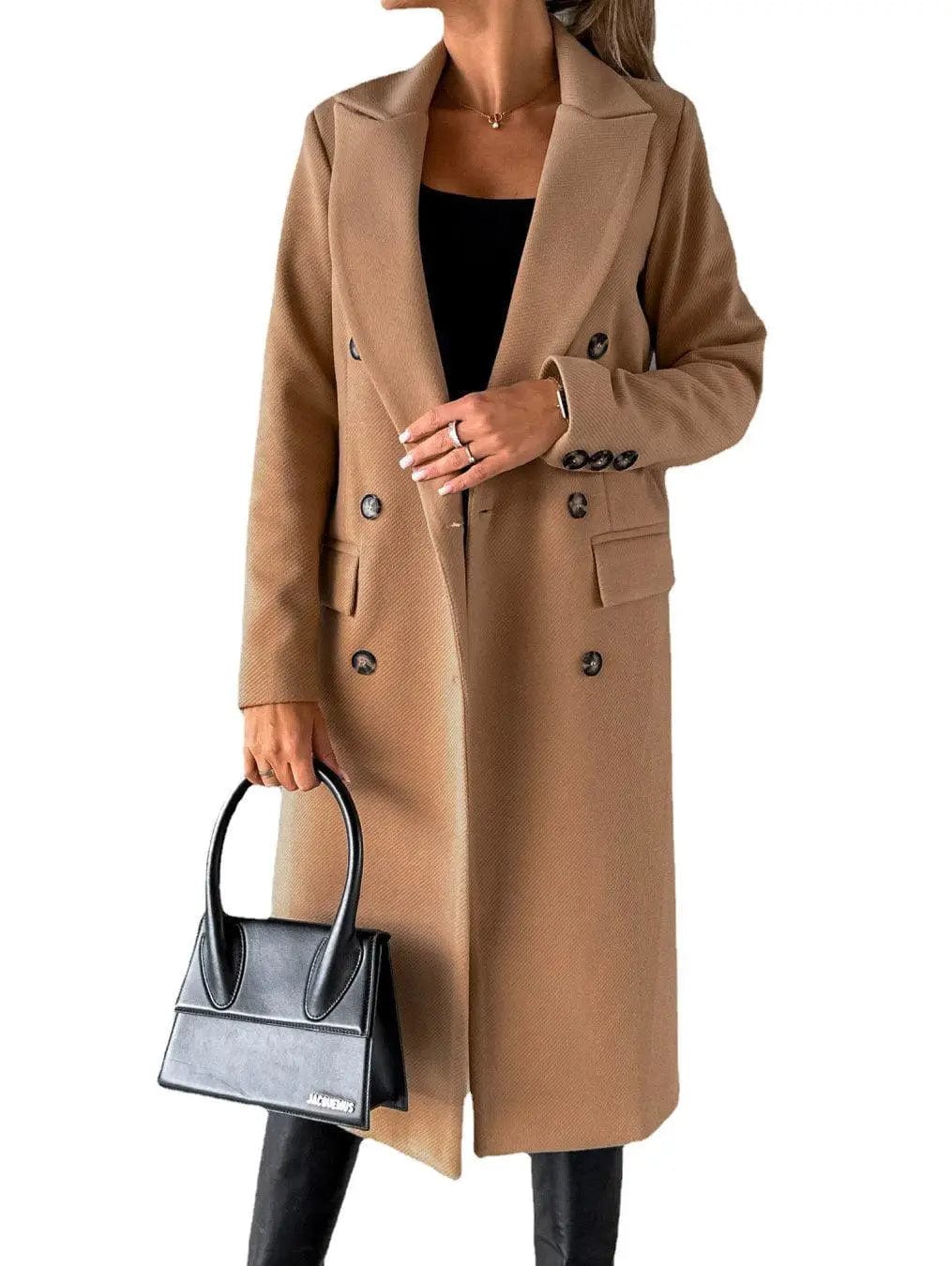 LOVEMI  Coats Khaki / S Lovemi -  Long Sleeve Lapel Solid Double Breasted Slim Coat Coat