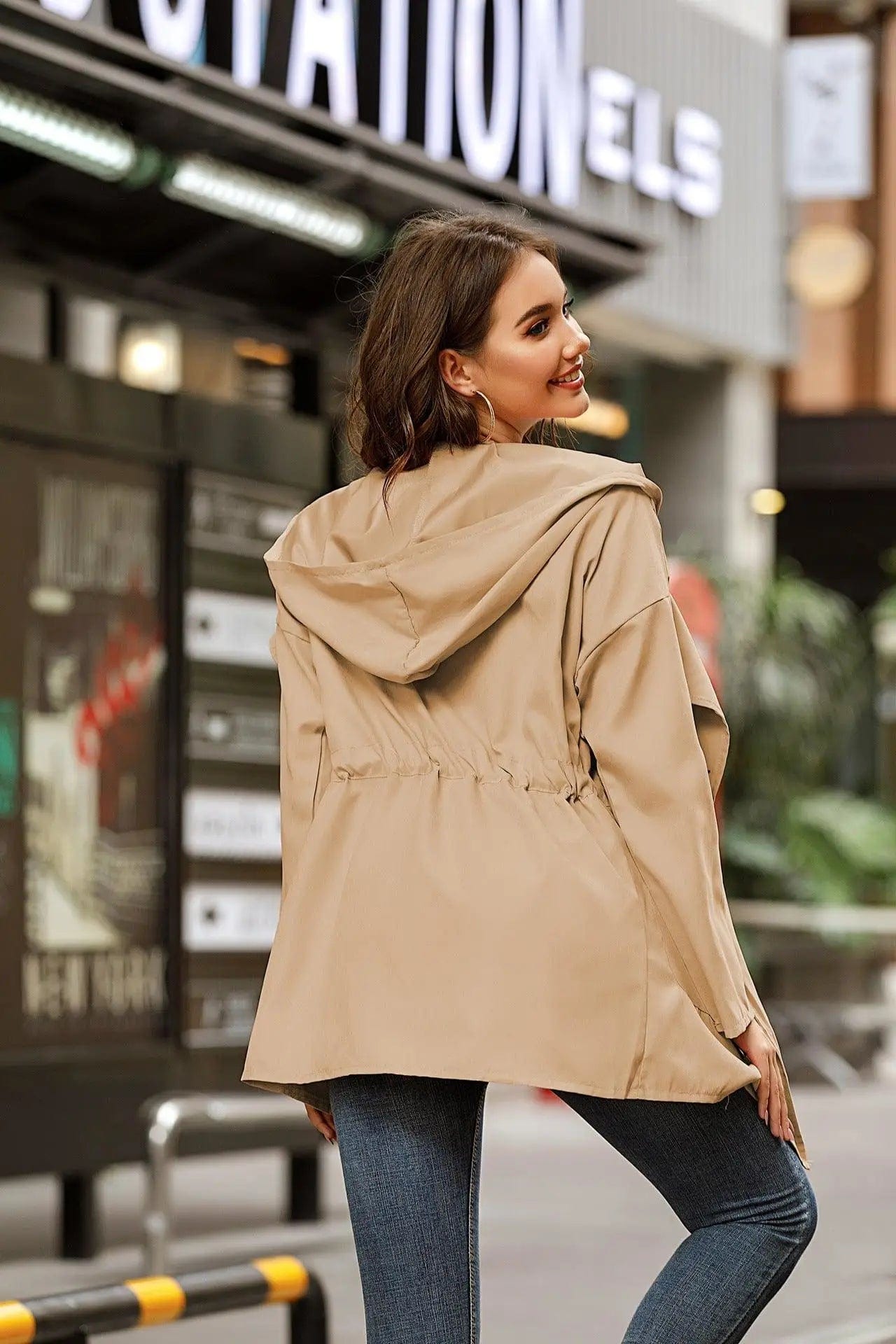 LOVEMI  Coats Khaki / S Lovemi -  Solid color mid-length hooded trench coat