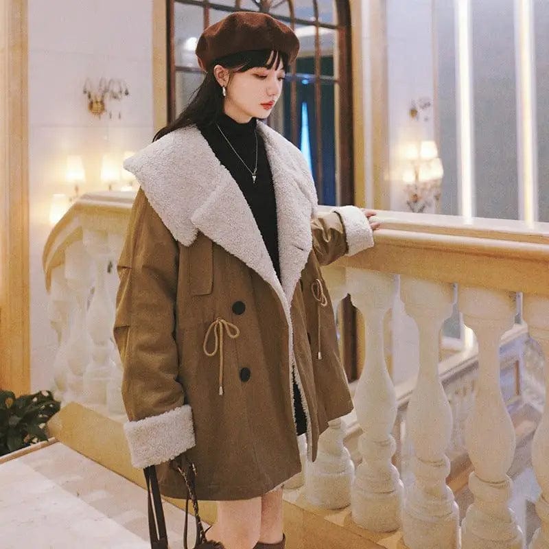 LOVEMI  Coats Khaki / S Lovemi -  Winter New Mid-length Lamb Wool Coat With Large Lapel