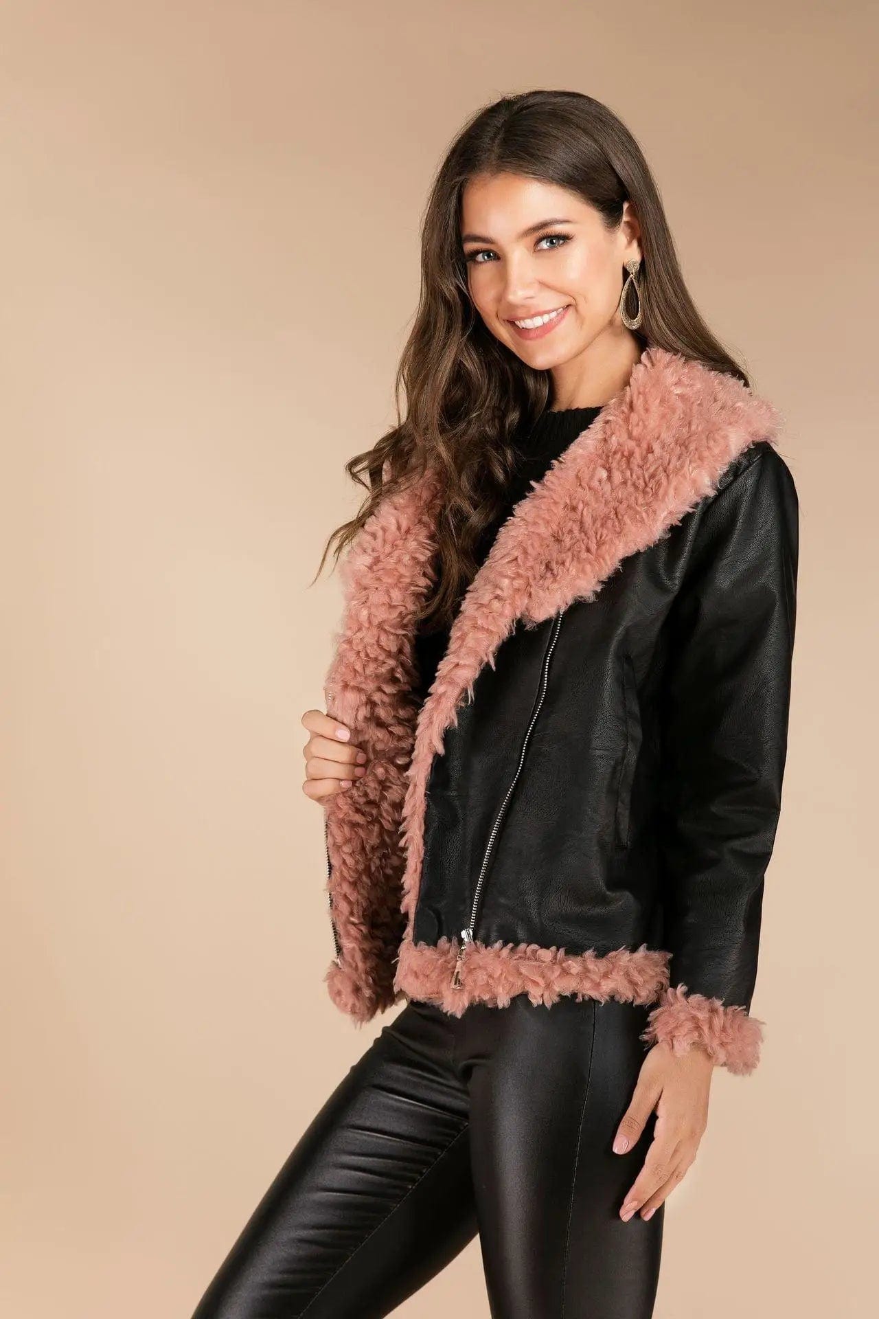 LOVEMI  Coats Pink / L Lovemi -  Imitation raccoon fur sheepskin leather jacket