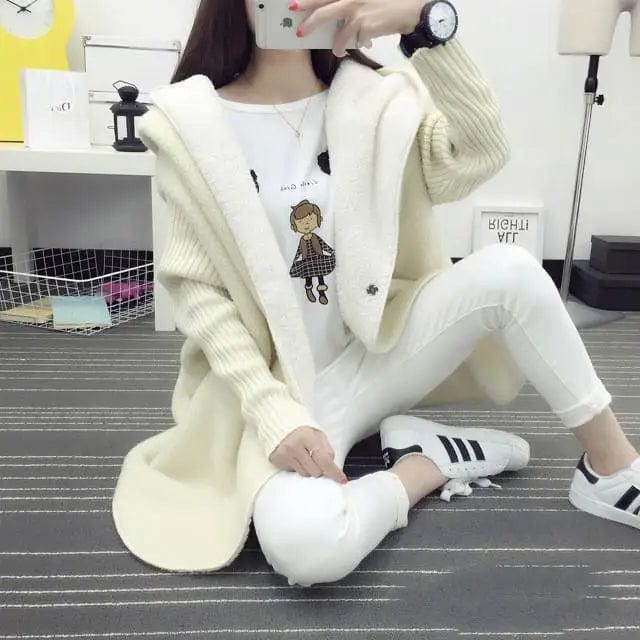 LOVEMI Coats White / One size Lovemi -  Wool stitching hooded lamb cashmere coat