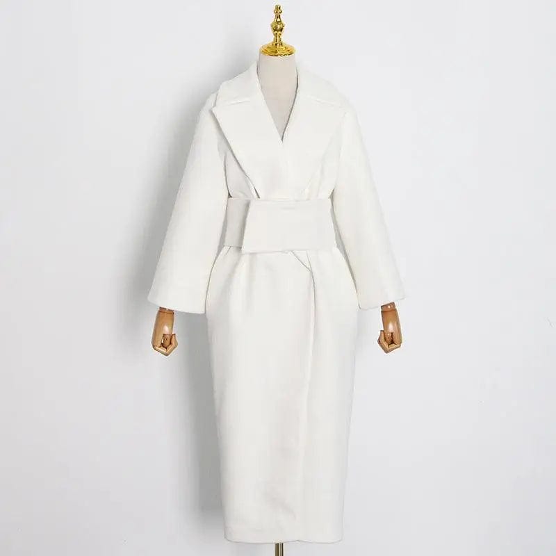 LOVEMI  Coats White / S Lovemi -  Lapel Waist White Mid-length Woolen Coat