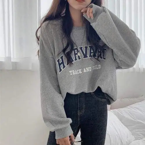 LOVEMI - College Style Letter Print Loose Round Neck Pullover And