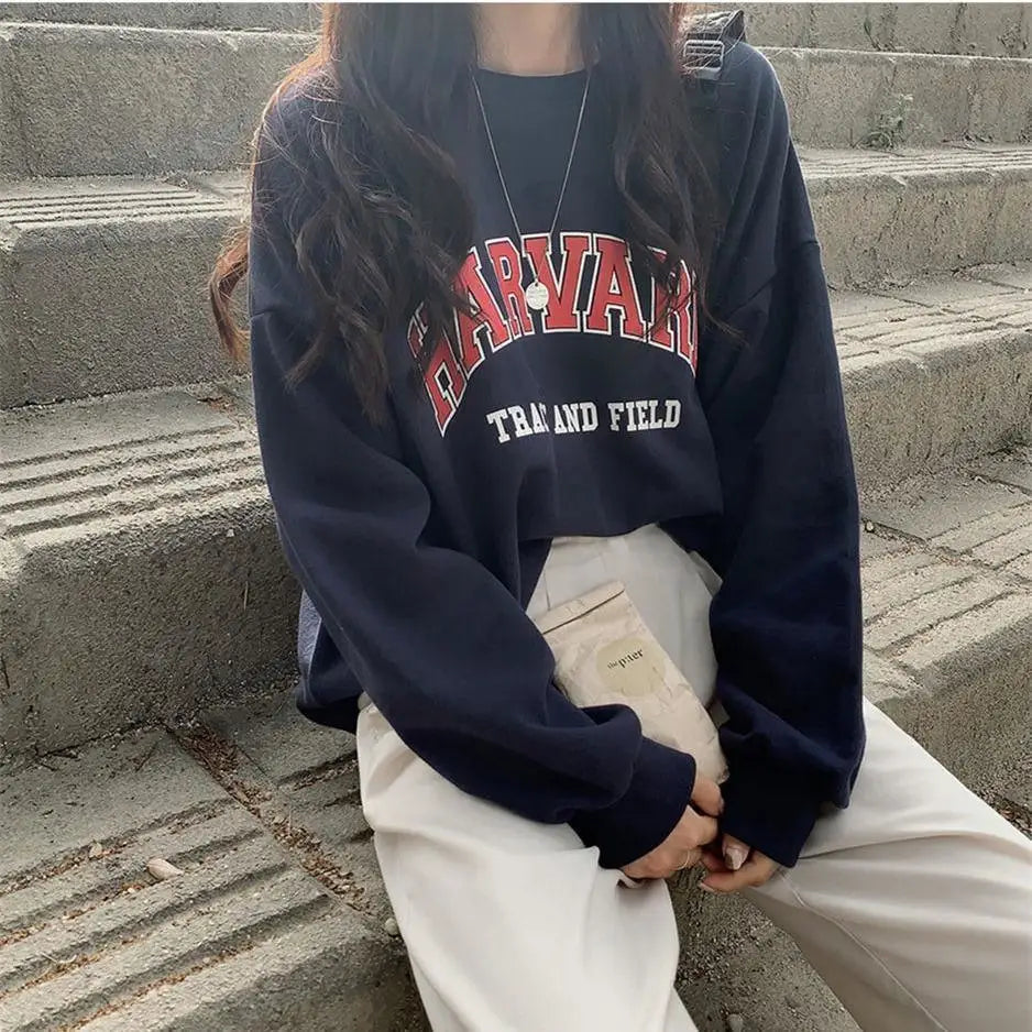 LOVEMI - College Style Letter Print Loose Round Neck Pullover And