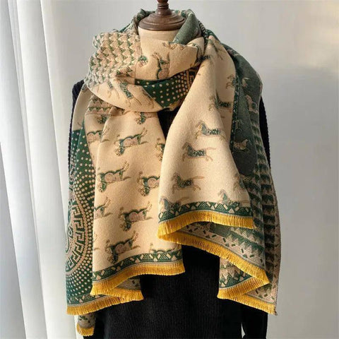 Color Blocking And Matching Cashmere Scarves For Women-Beige green-11