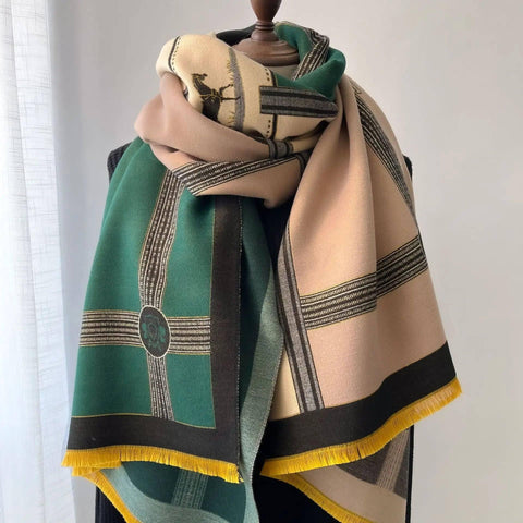 Color Blocking And Matching Cashmere Scarves For Women-Green beige A-1