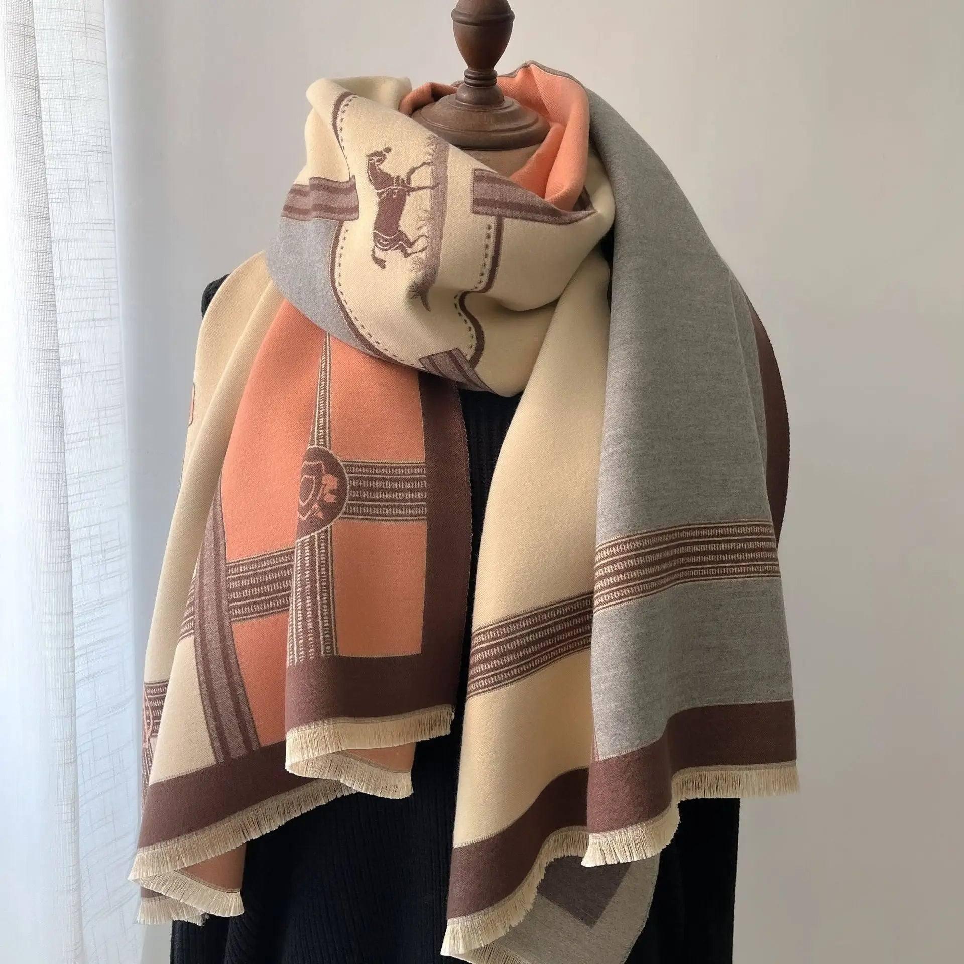 Color Blocking And Matching Cashmere Scarves For Women-Pink grey-3