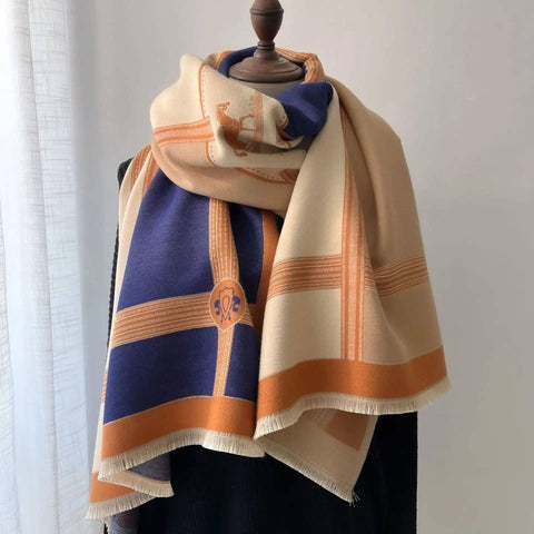 Color Blocking And Matching Cashmere Scarves For Women-Navy blue orange-4